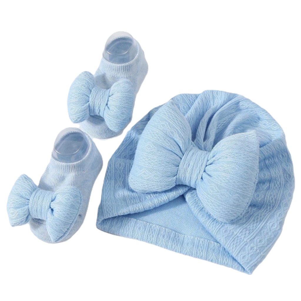 Blue baby hat and booties set with a large bow