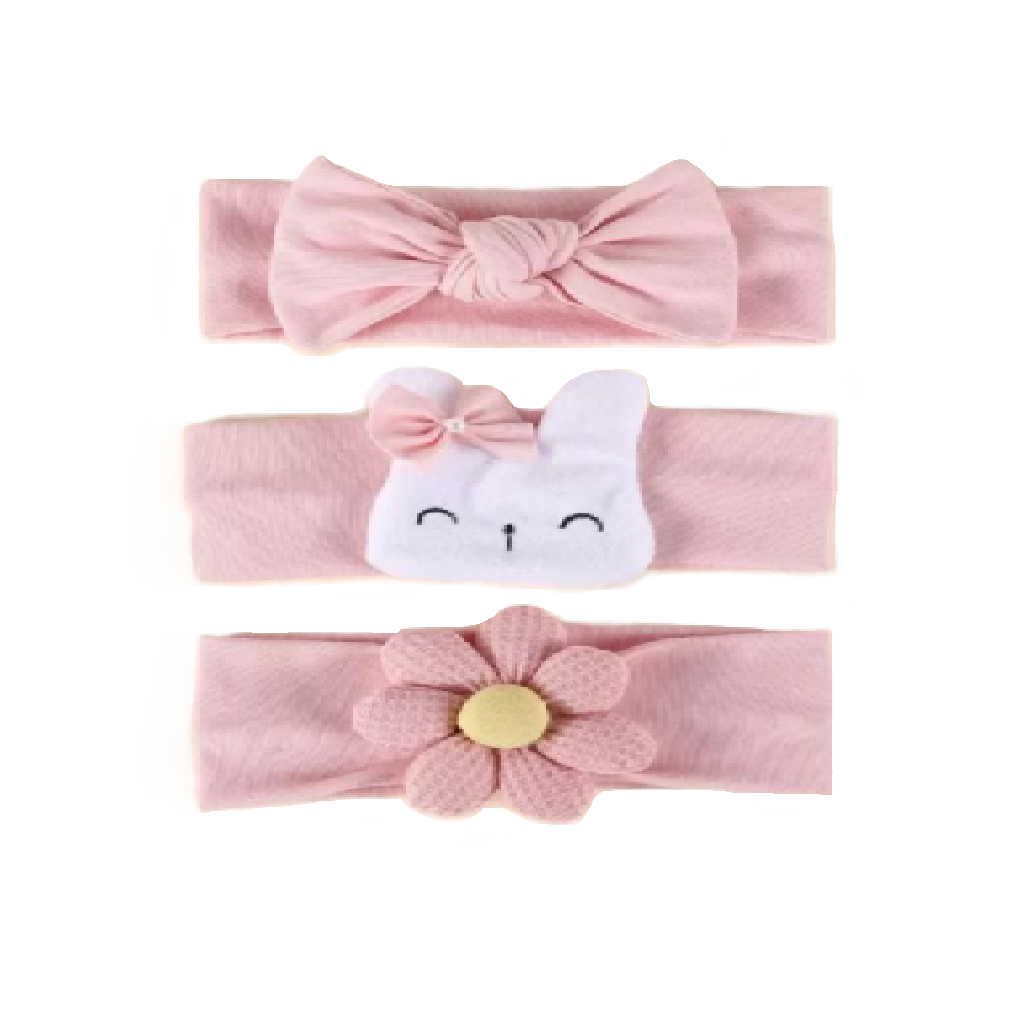 Set of three pink baby headbands with different designs on a white background
