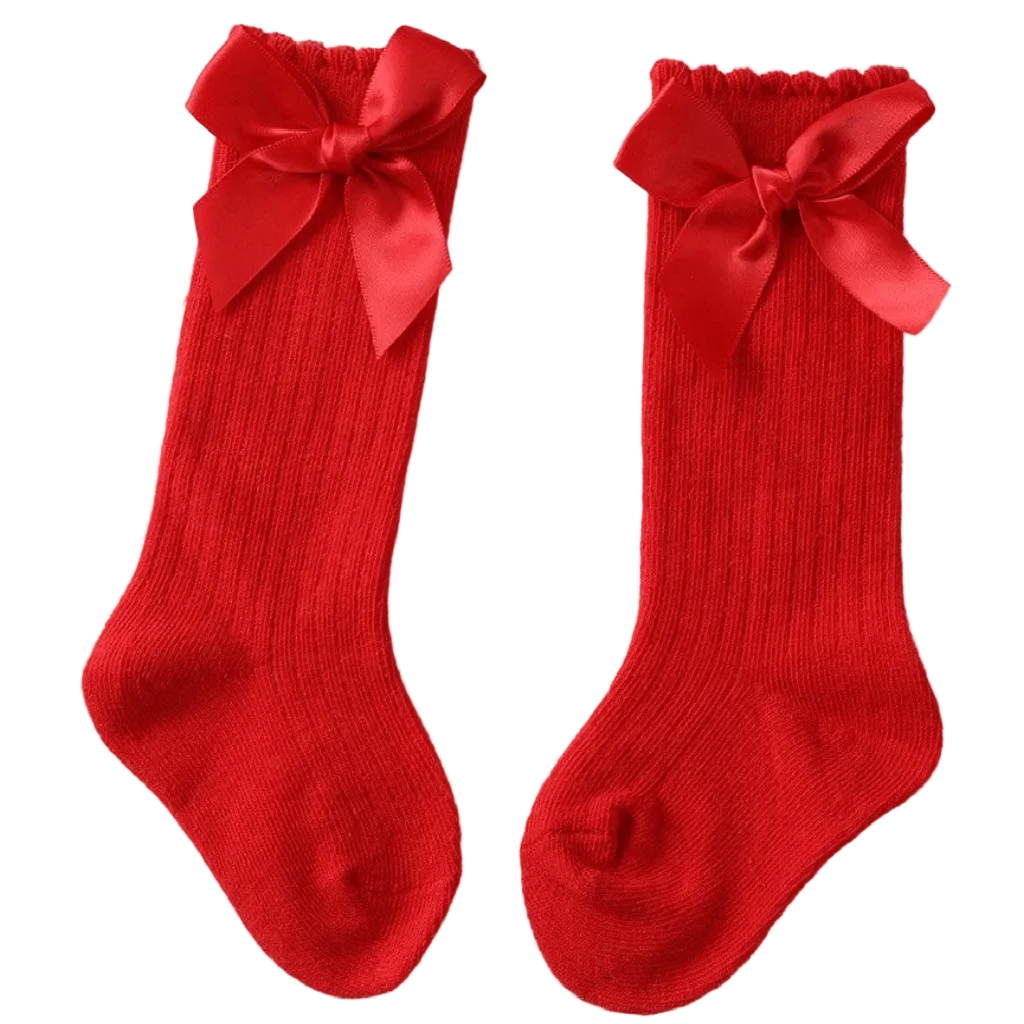 Red sock with a large bow on a white background