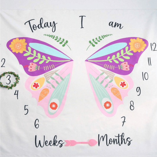 Baby growth chart with butterfly design showing weeks and months on a white background