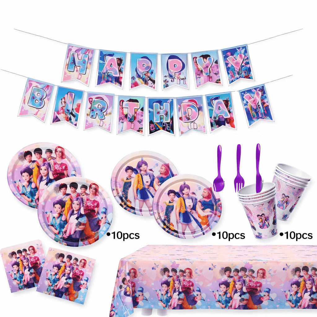Birthday party supplies set with themed plates, cups, and tablecloth on a white background