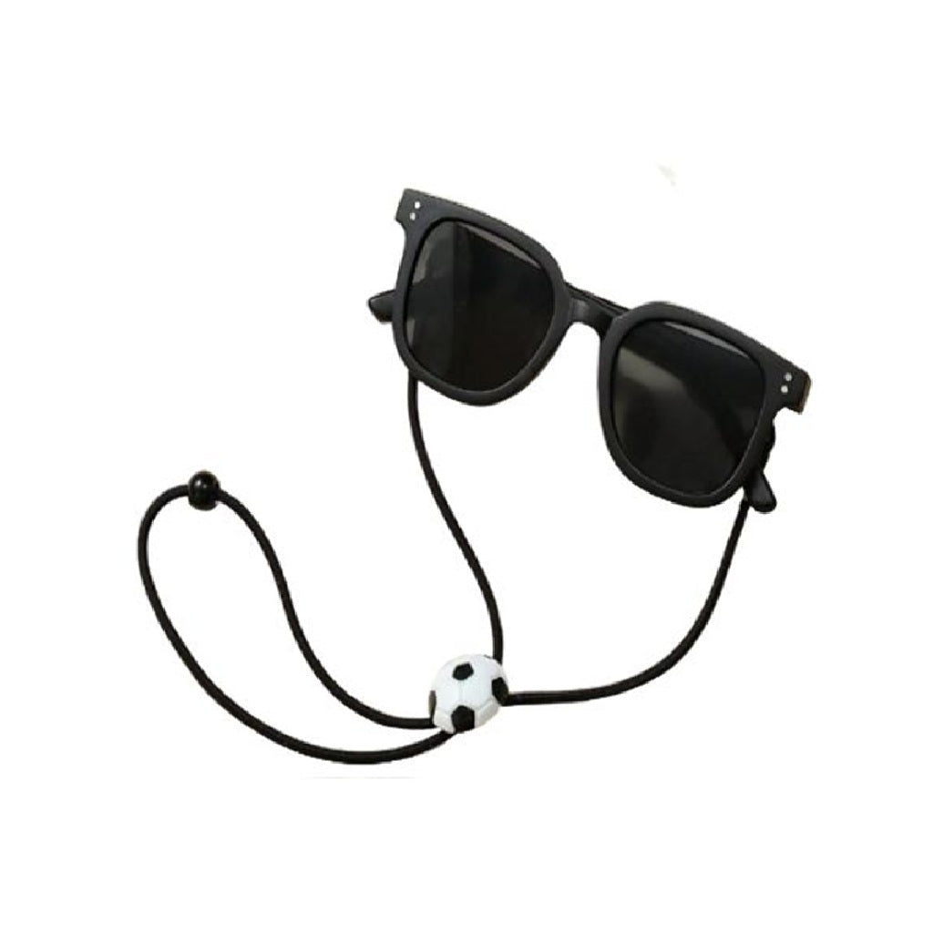 Black sunglasses with a black cord and white football charm
