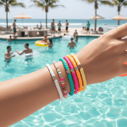 A close-up of a person's wrist wearing a stack of colorful beaded bracelets, photographed at a resort pool with palm trees and beachgoers in the background.