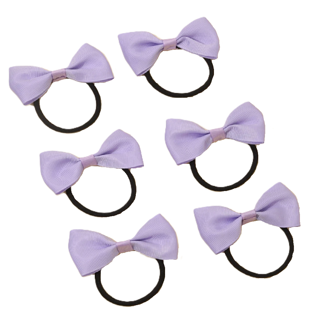 Set of five purple hair bows with black elastics on a white background