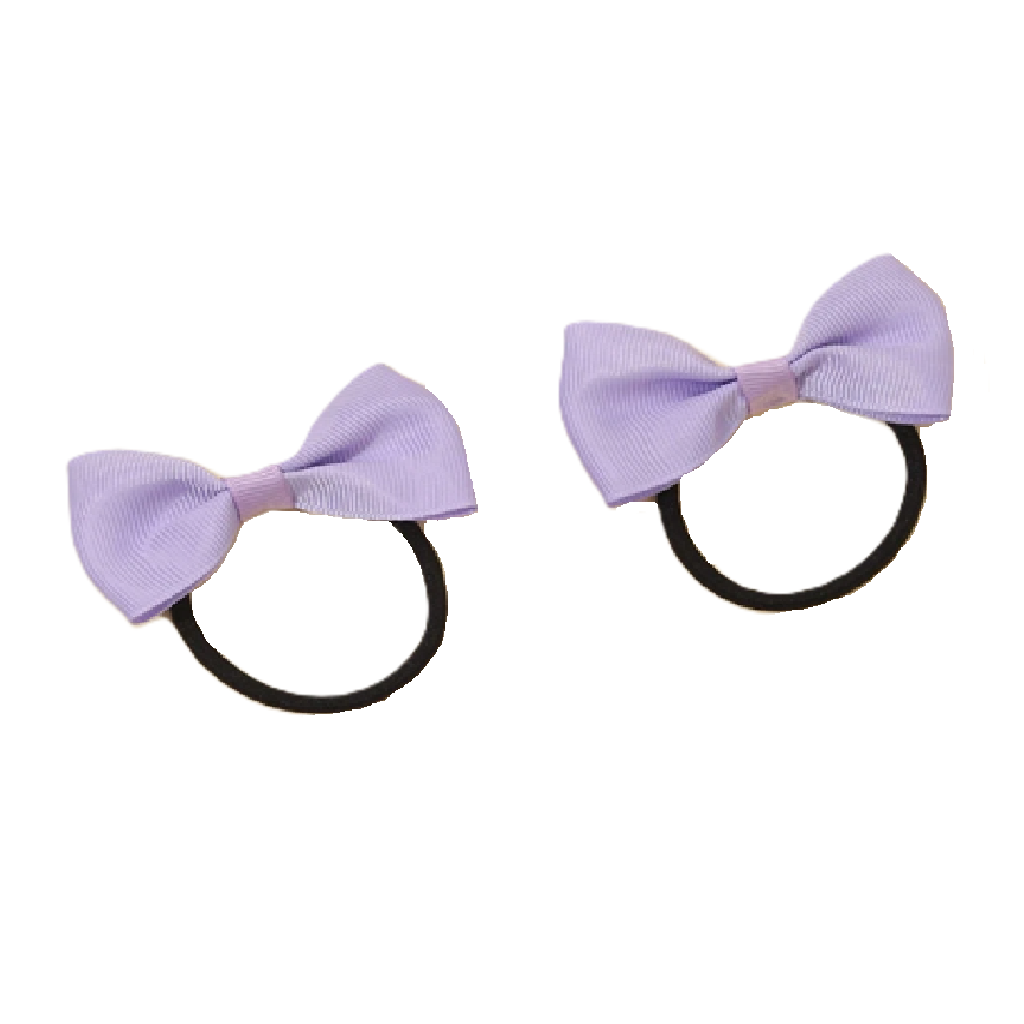 Two purple hair bows on black elastics against a white background