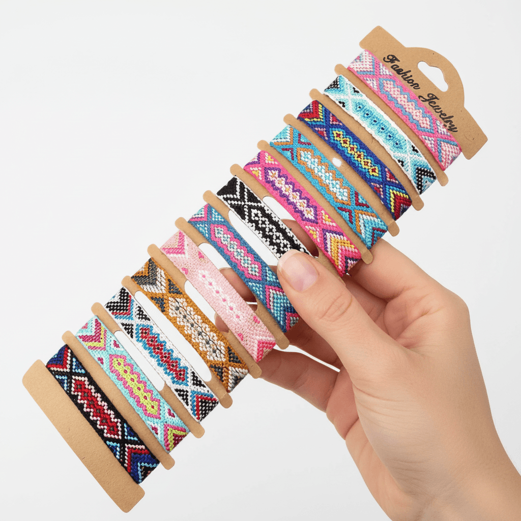 A hand holding a set of colorful geometric patterned wristbands on wooden hangers, with the text 'Fashion Jewelry' printed on the card header, against a plain white background.