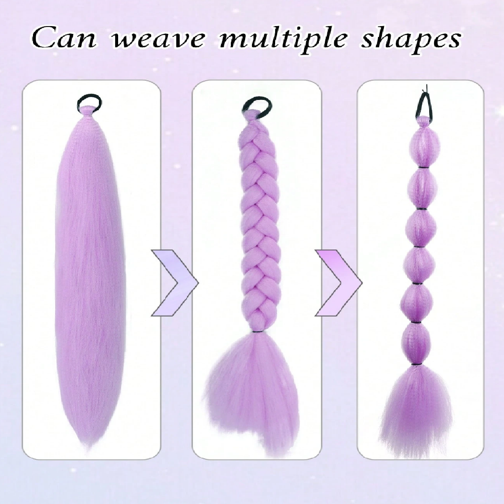 Purple hair extensions shown in various styles on a light purple background