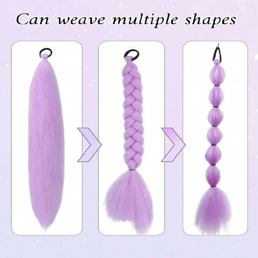 Purple hair extensions shown in various styles on a light purple background
