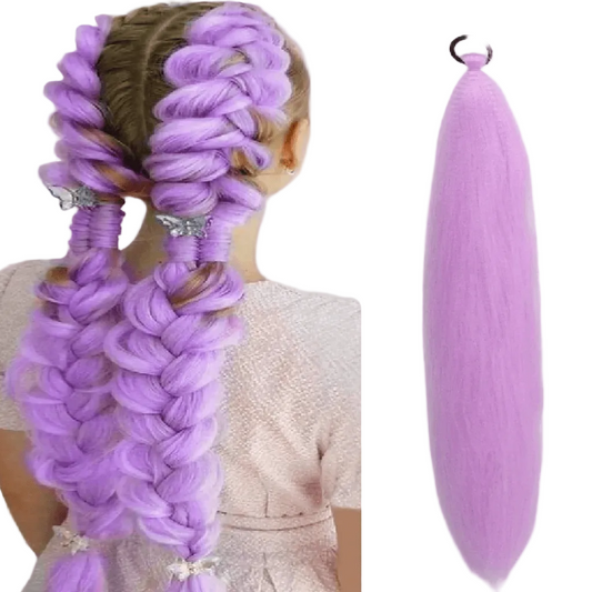 Purple hair extensions styled in braids with a single strand on a white background