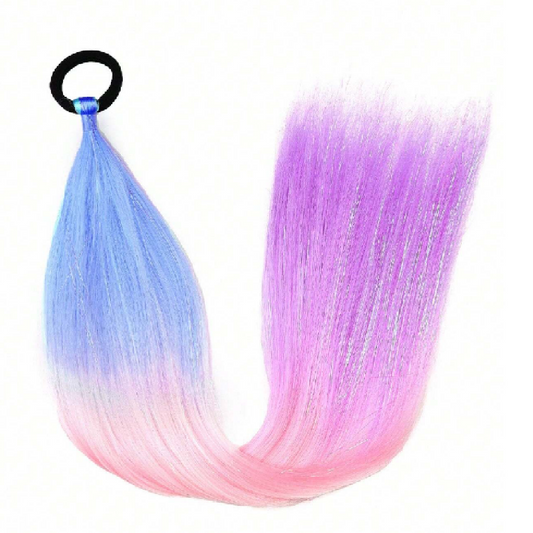 Gradient hair extension from blue to purple to pink on a white background