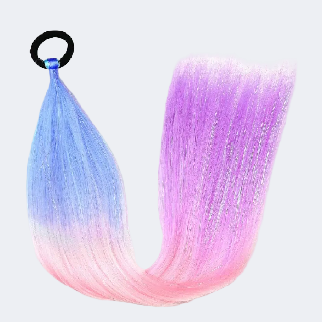 Gradient hair extension from blue to purple to pink on a white background