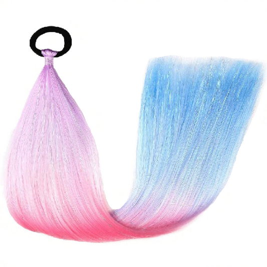 Gradient hair extension transitioning from purple to blue to pink on a white background