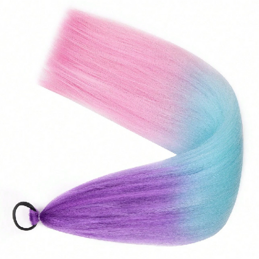 Gradient hair extension transitioning from pink to blue to purple on a white background