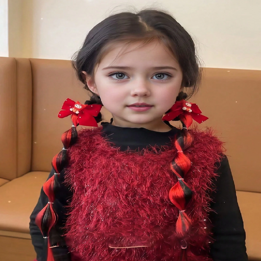 Young girl with braids wearing a red and black outfit with decorative elements.