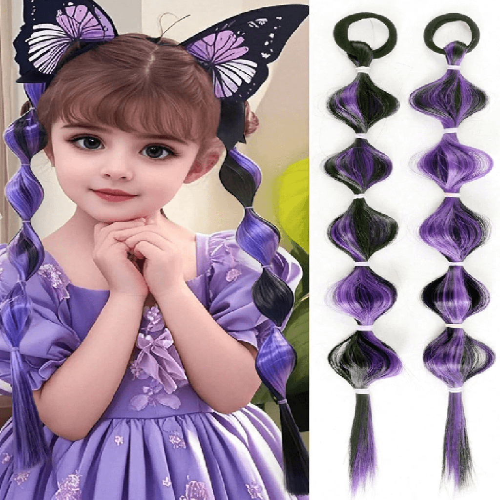 Child with purple and black hair extensions styled in pigtails, with a close-up of the extensions on the right.