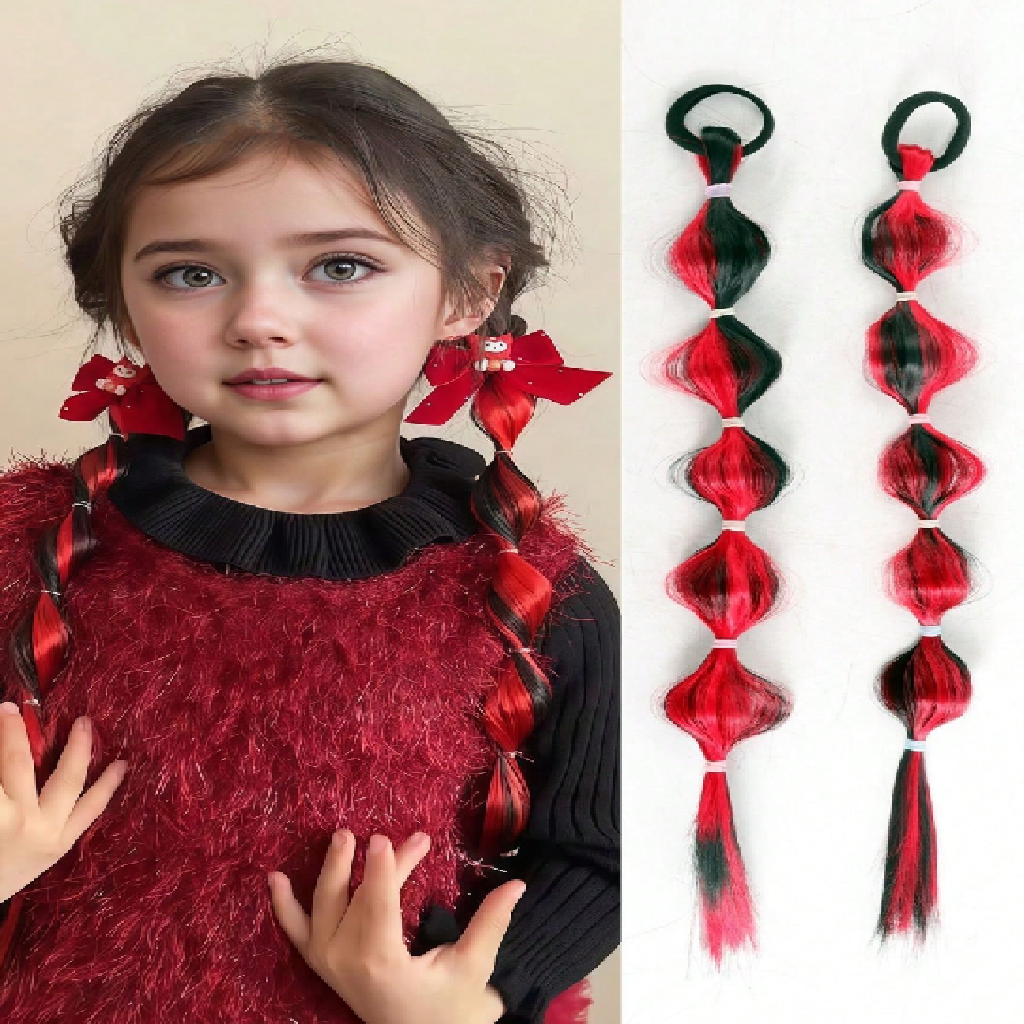 Child wearing red and black plaid hair extensions with a close-up of the extensions on a beige background.