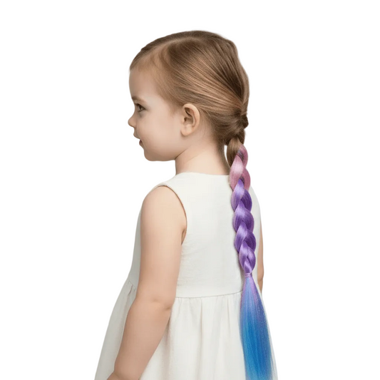 A young girl in profile wearing a white sleeveless dress, showcasing a long braided ponytail with a purple-to-blue gradient.