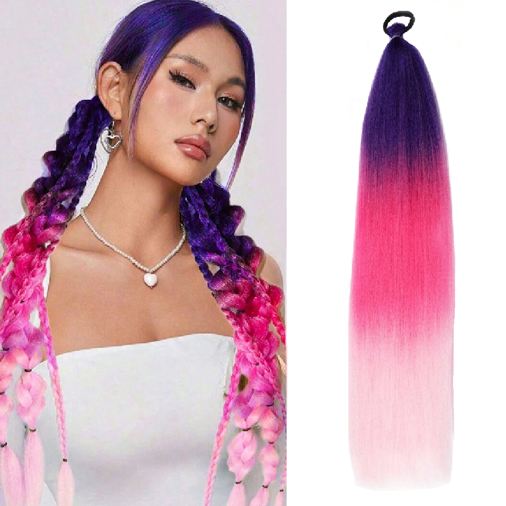 Woman with purple and pink braided hair next to a pink to purple ombre hair extension.