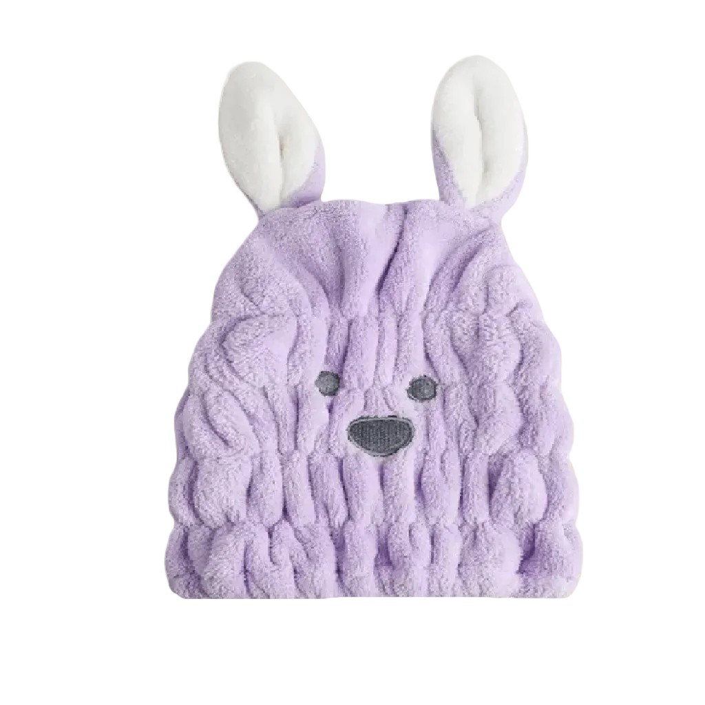 Purple microfiber bunny-ear bath towel cap.