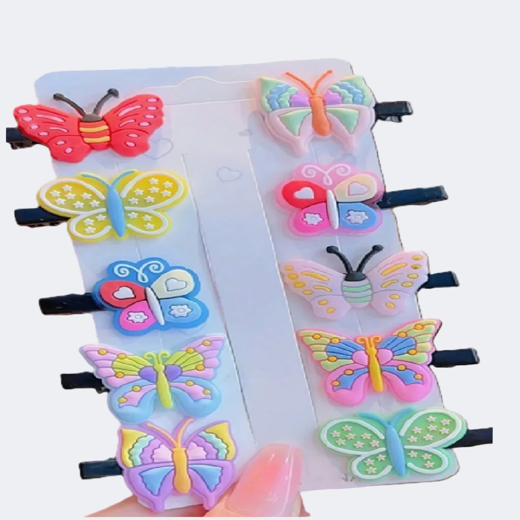 Colorful butterfly-shaped hair clips on a white background