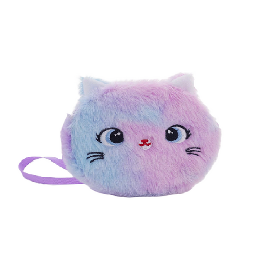 Plush cat toy with pastel colors on a white background