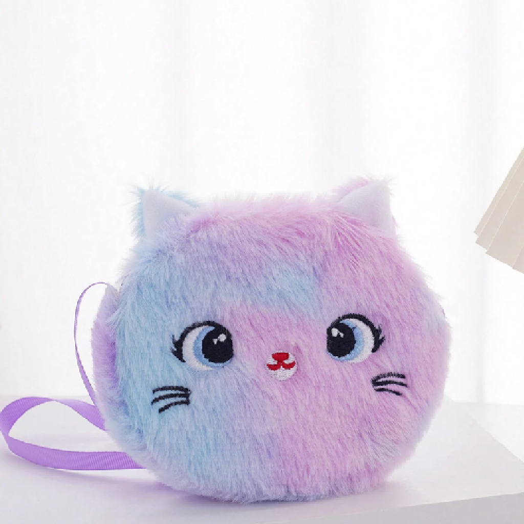 Plush cat toy with pastel colors on a white background