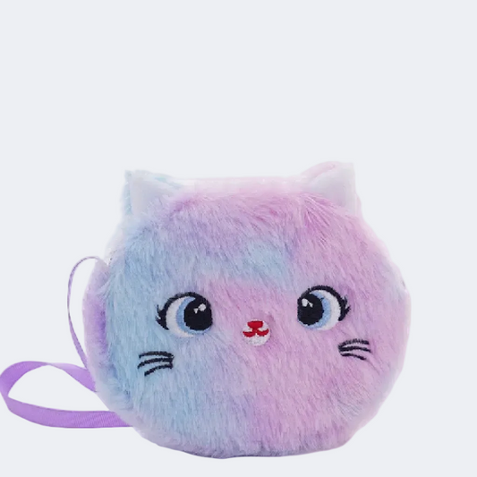 Plush cat toy with pastel colors on a white background