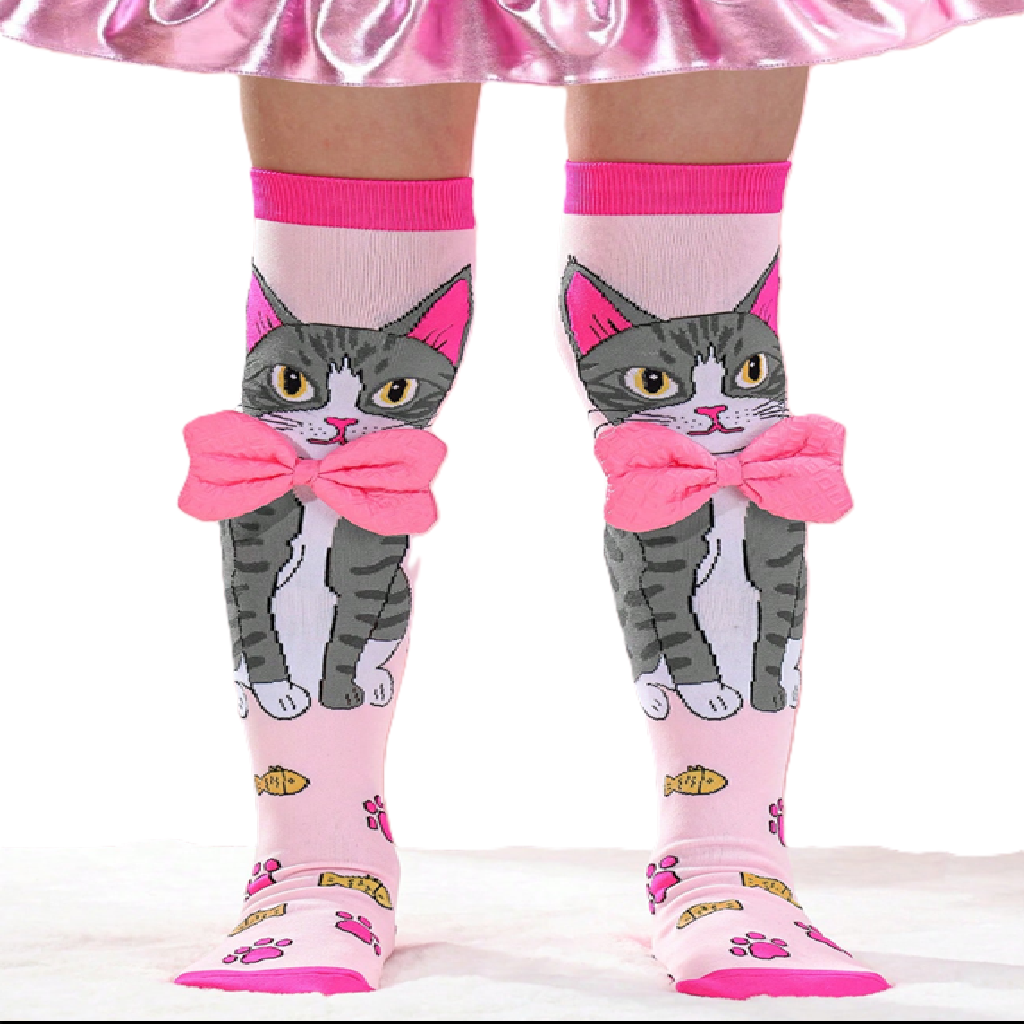 Cat-themed knee-high socks with pink bows