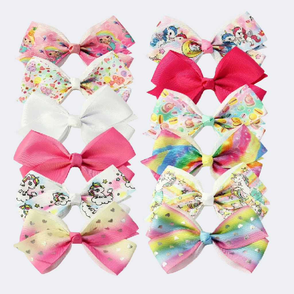 Set of colorful hair bows with various designs on a white background