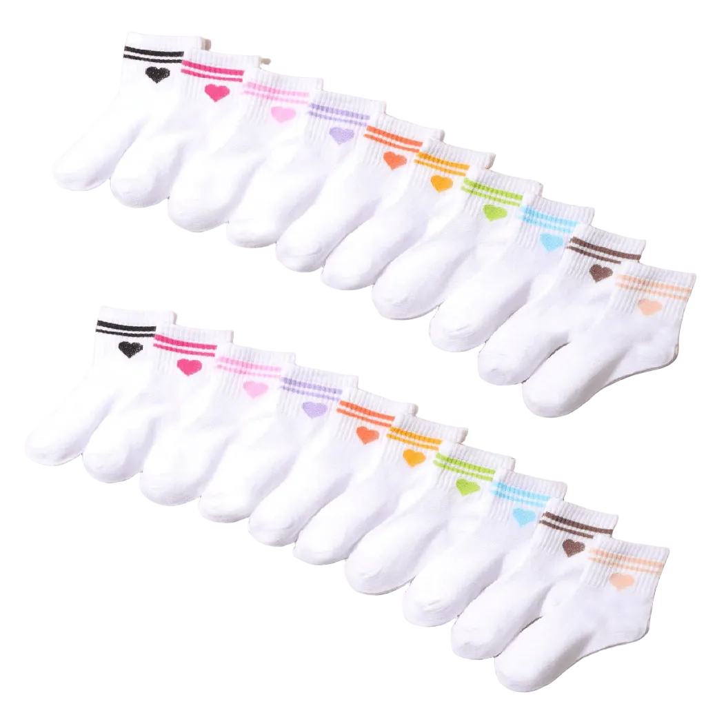 Two rows of white ankle socks arranged on a beige background, each with a different colored striped cuff and small heart detail.