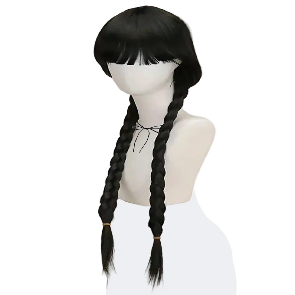 Black wig with braided pigtails on a mannequin head against a beige background