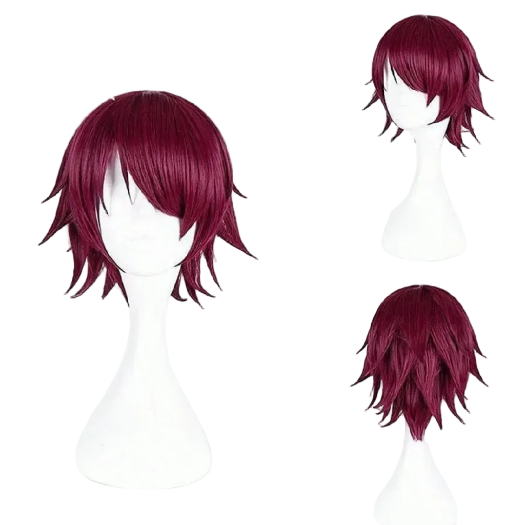 Red wig displayed on a mannequin head with front, side, and back views against a white background.