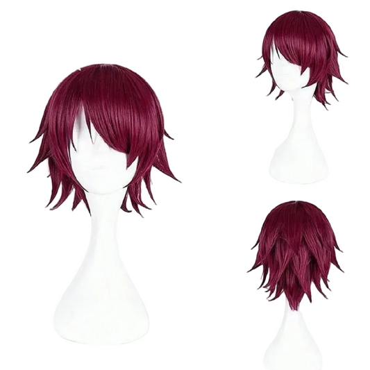 Red wig displayed on a mannequin head with front, side, and back views against a white background.