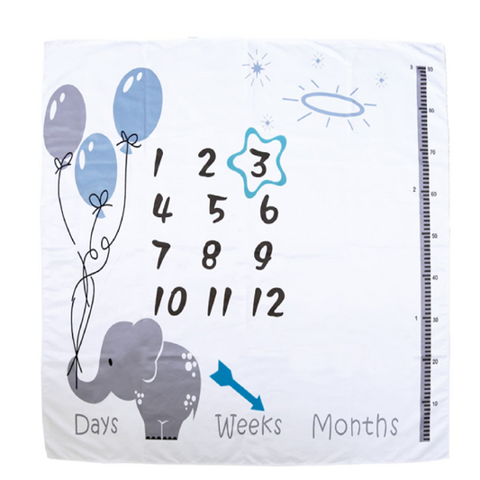 Baby milestone blanket with elephant and balloons design, numbers 1-12, and measurement scale.