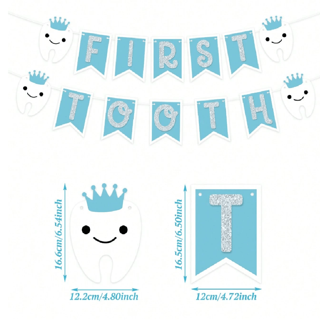 First Tooth banner with tooth illustrations and measurements on a white background