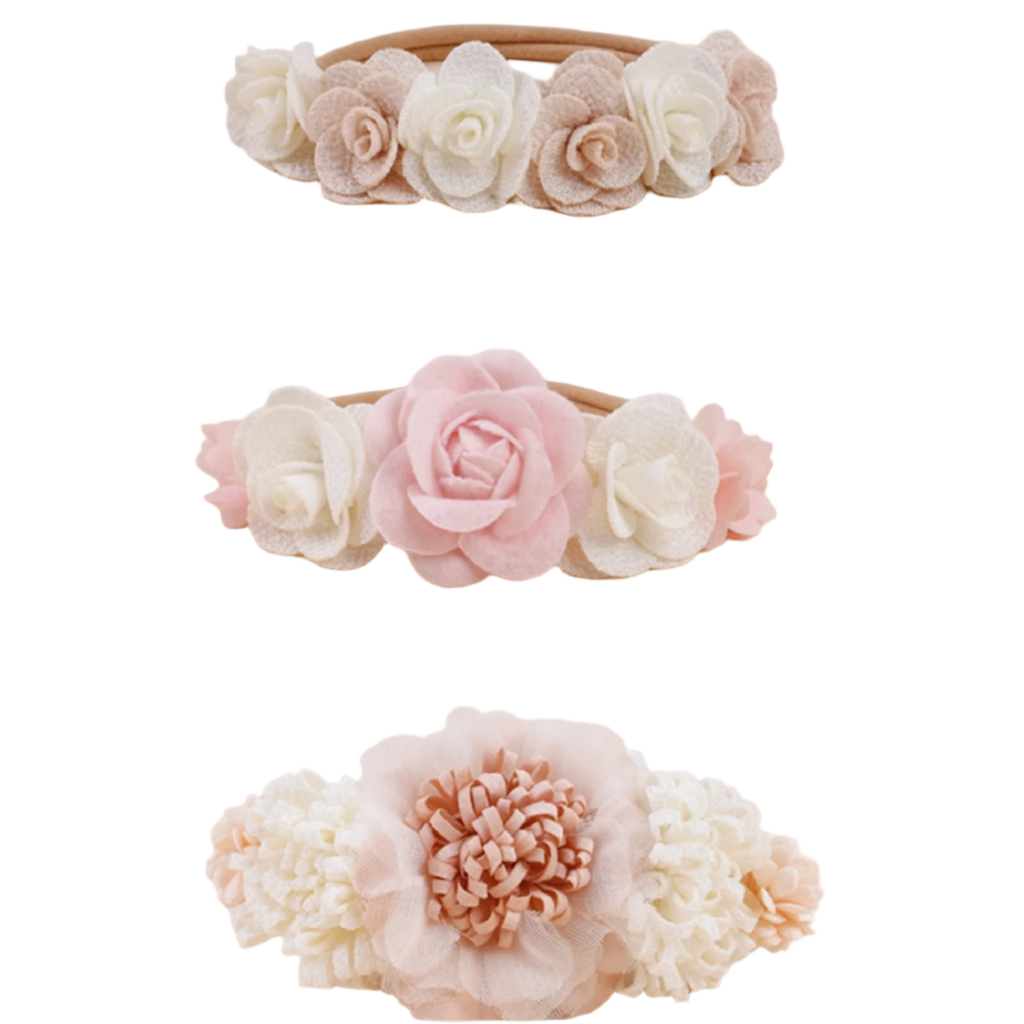 Three floral headbands in different colors