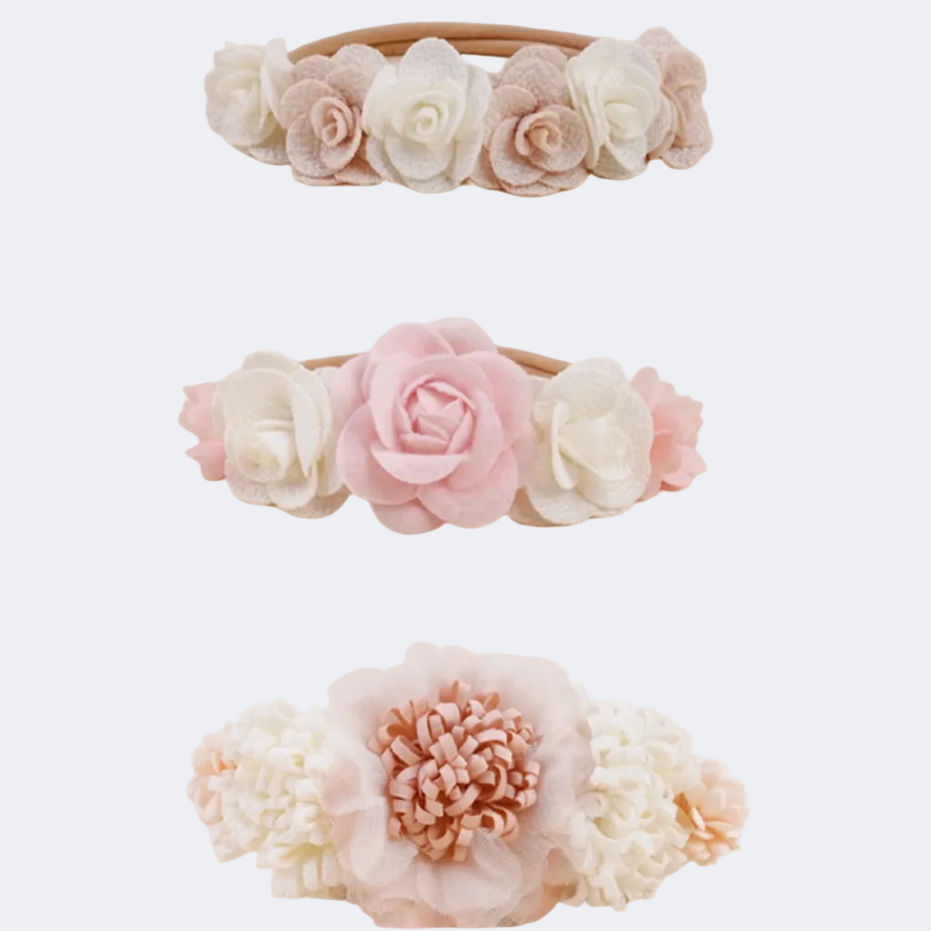 Three floral headbands in different colors