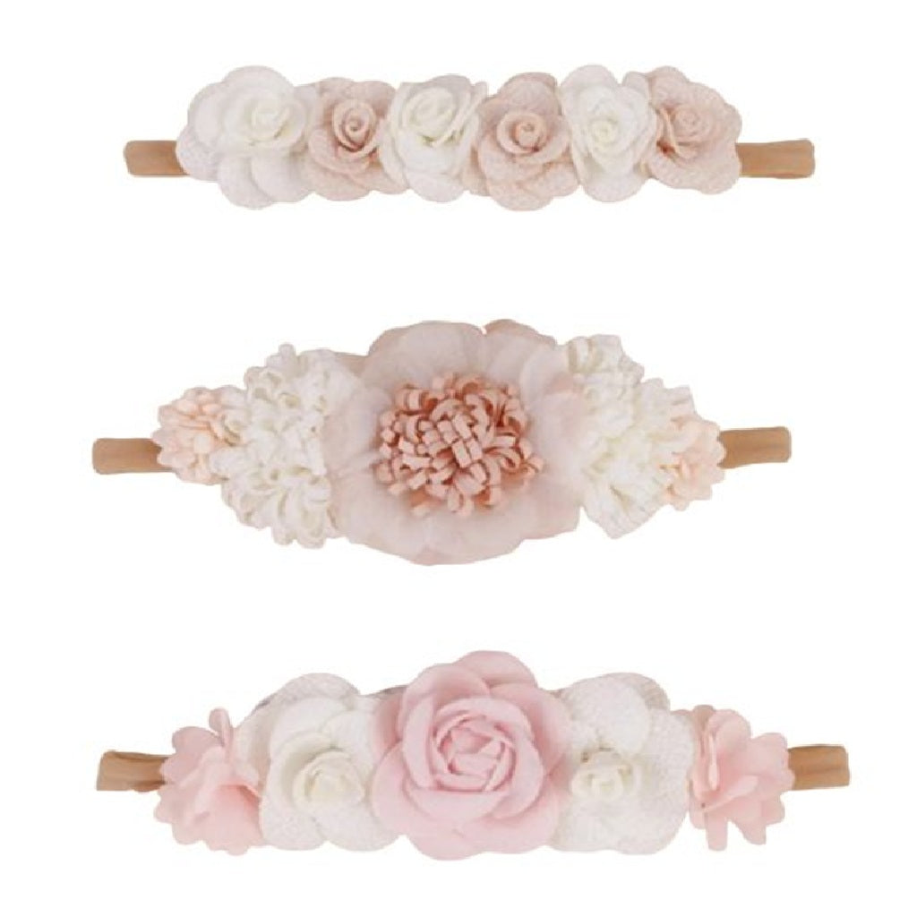 Set of three floral headbands with pink and white flowers