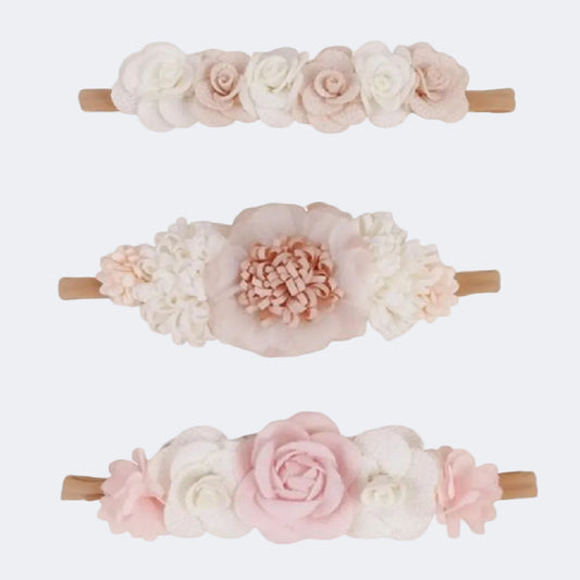 Set of three floral headbands with pink and white flowers