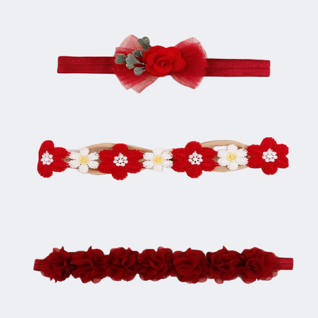 Set of three red headbands with floral designs