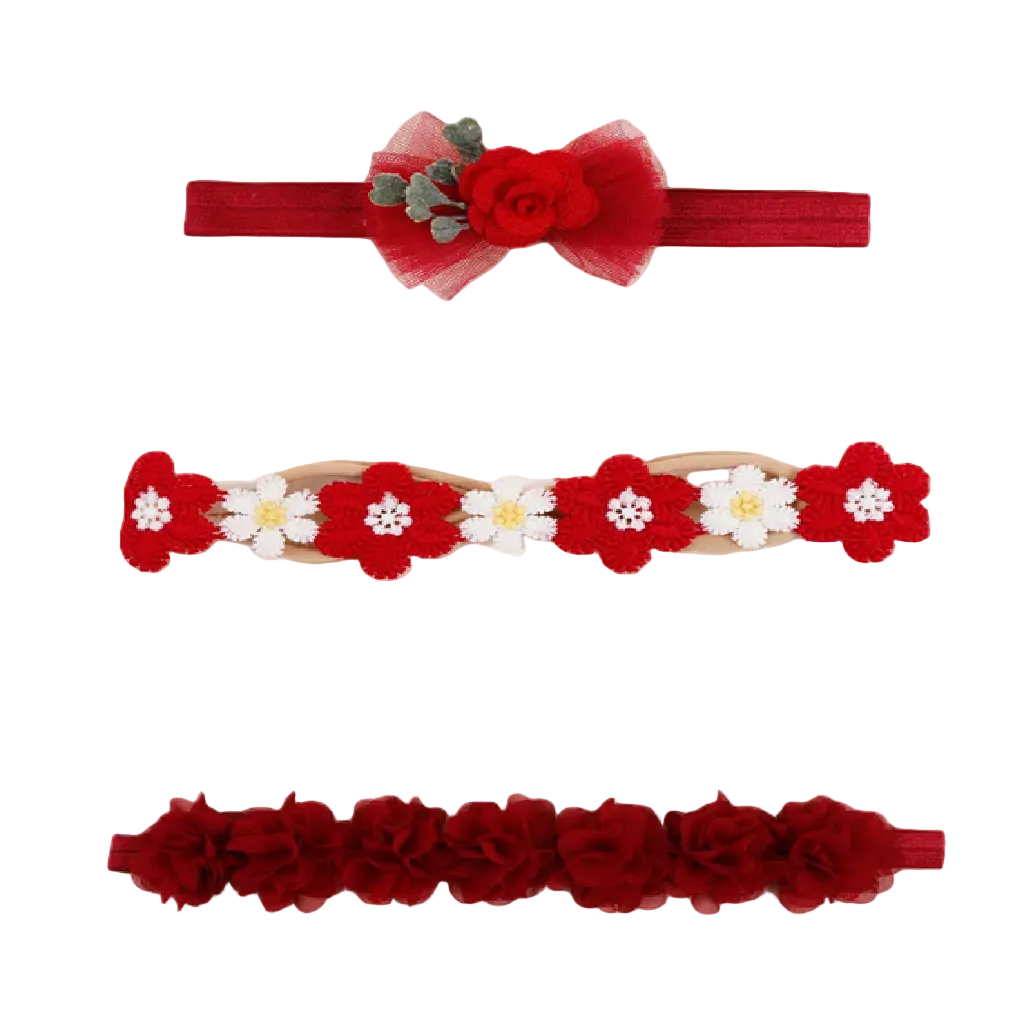 Set of three red headbands with floral designs
