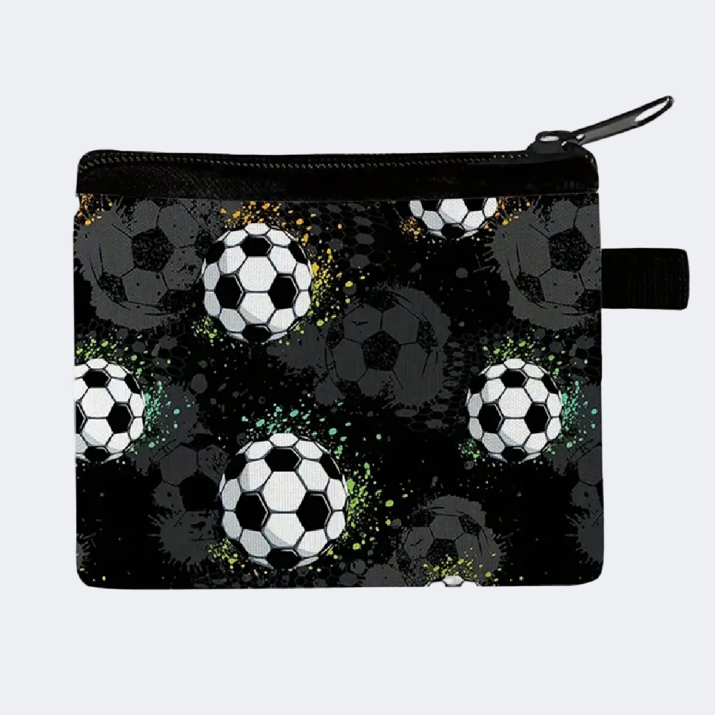 Pouch with soccer ball pattern on a black background