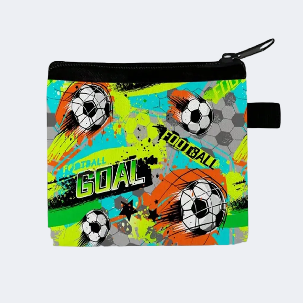 Colorful pouch with soccer ball designs and 'GOAL' text on a white background