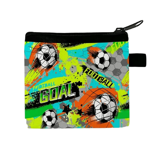 Pouch with soccer ball design and 'FOOTBALL GOAL' text on a colorful background