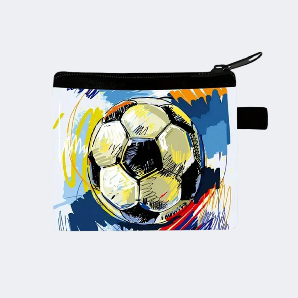 Small pouch with a soccer ball design on a white background