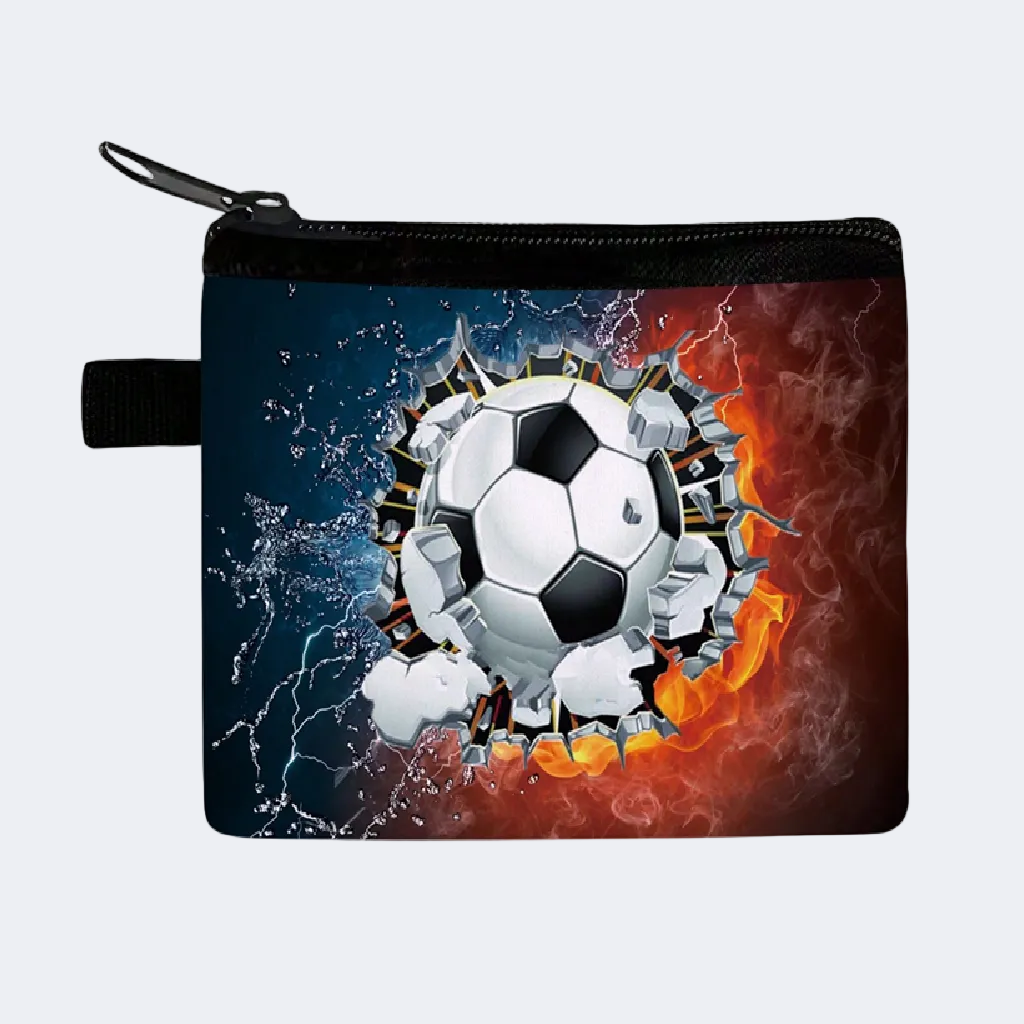 Coin purse with a soccer ball design on a blue, red, and white background