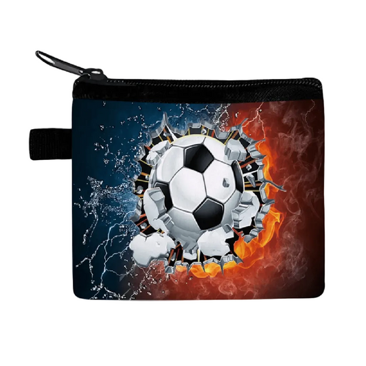 Pouch with a soccer ball design on a blue and red background