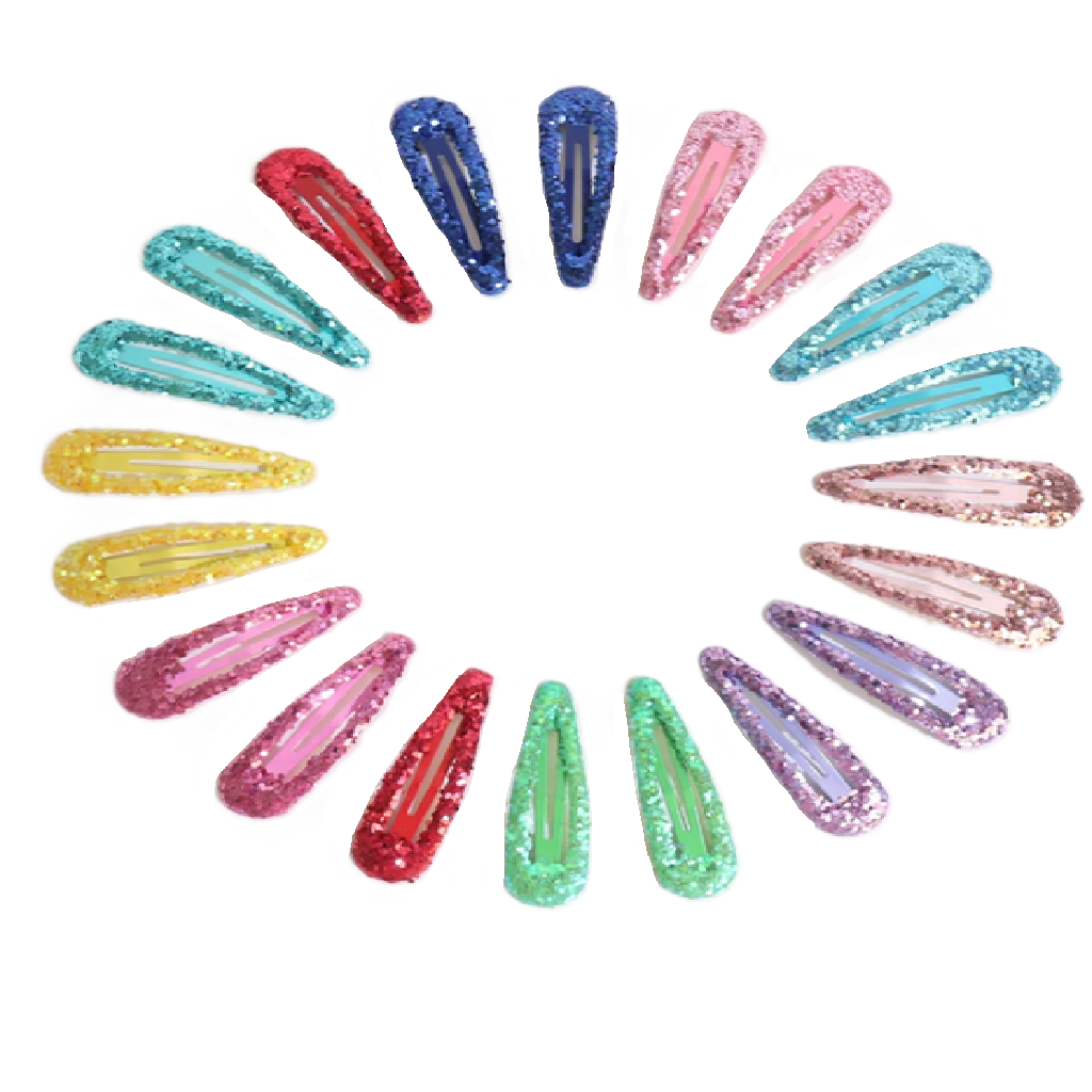 Set of colorful glittery hair clips arranged in a circular pattern on a white background.