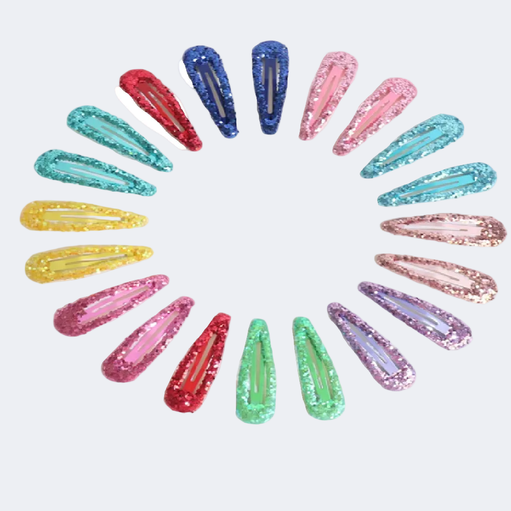 Set of colorful glittery hair clips arranged in a circular pattern on a white background.