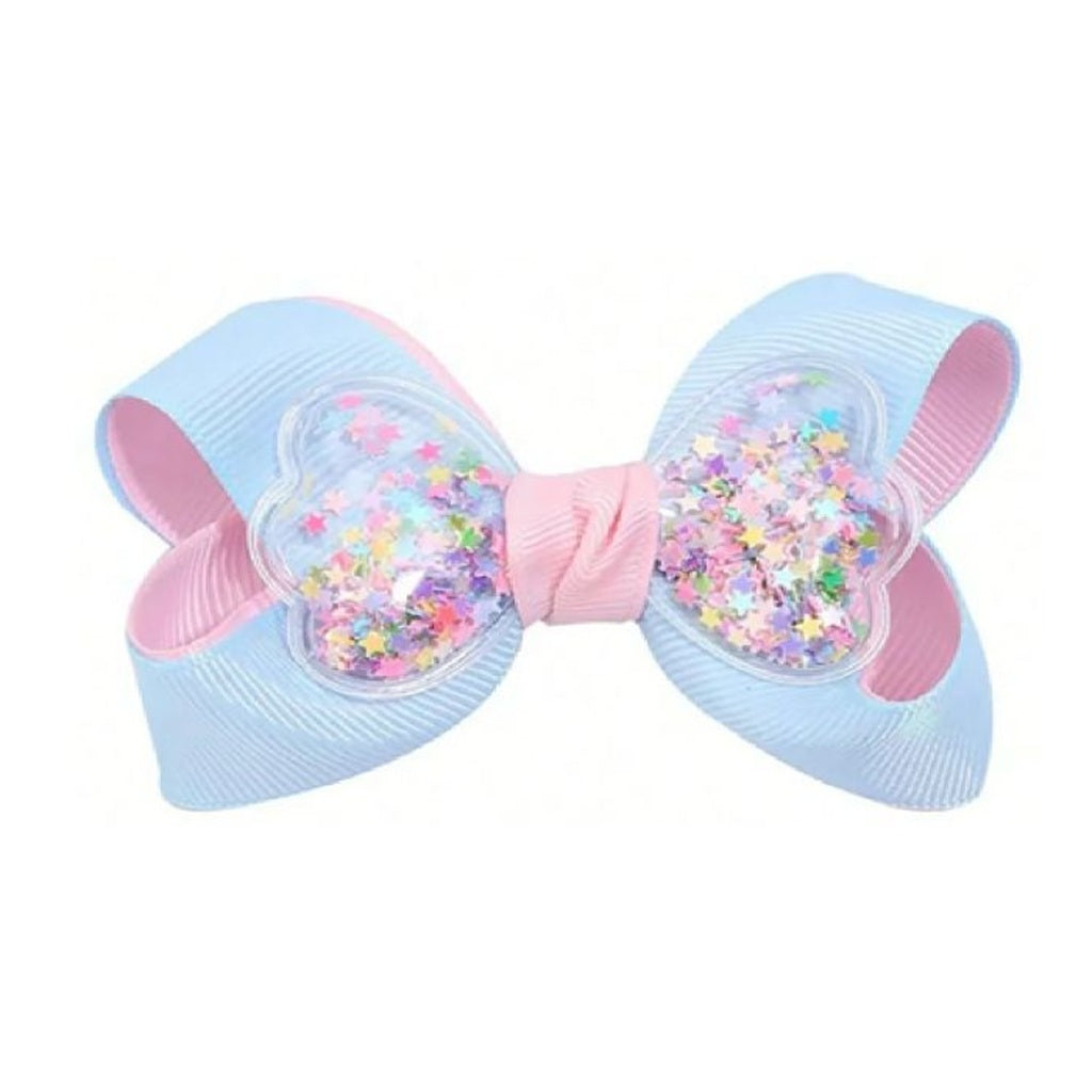 Light blue and pink hair bow with colorful confetti